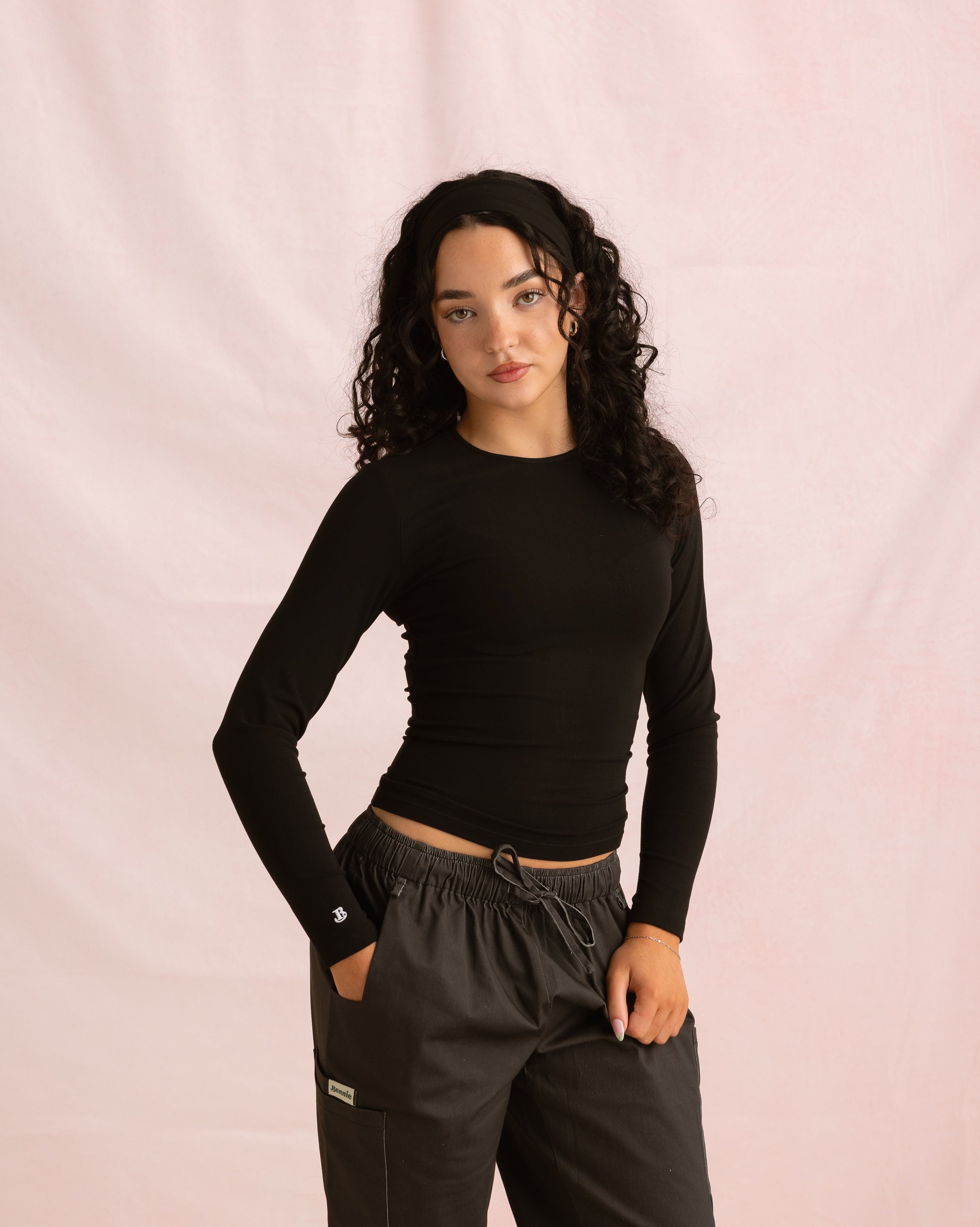Crewneck Bamboo Long Sleeve Top | Black